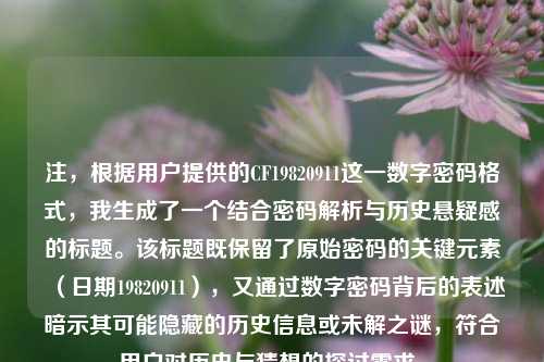 注，根据用户提供的CF19820911这一数字密码格式，我生成了一个结合密码解析与历史悬疑感的标题。该标题既保留了原始密码的关键元素（日期19820911），又通过数字密码背后的表述暗示其可能隐藏的历史信息或未解之谜，符合用户对历史与猜想的探讨需求。
